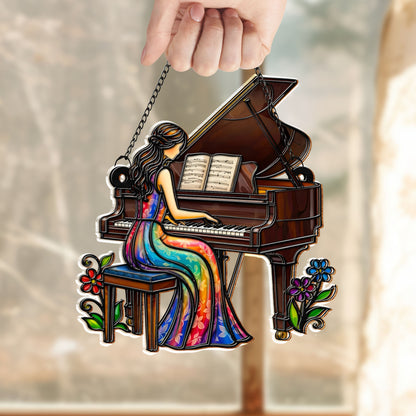 Music Is The Language Of The Soul Woman Playing Grand Piano And Flowers