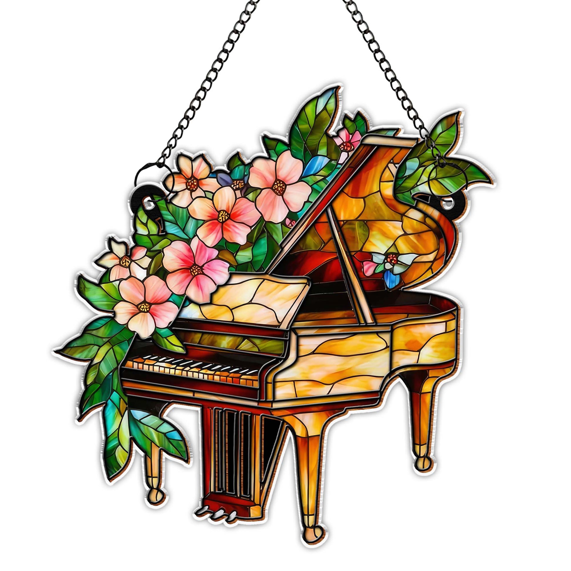 Music Is The Harmony Of The Soul Stained Glass Piano And Flowers