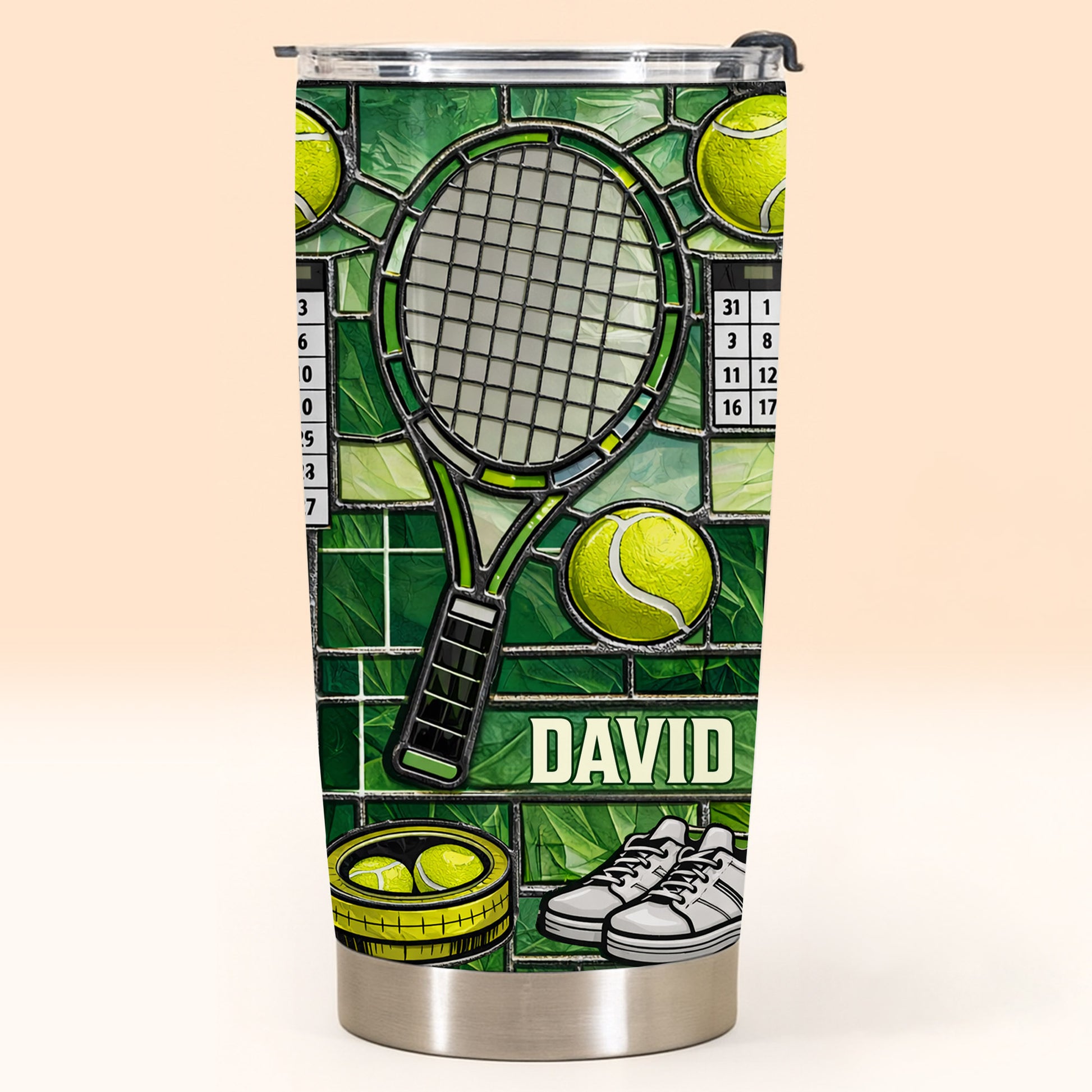 Serving Up Greatness With Tennis Racket And Balls Stained Glass Art