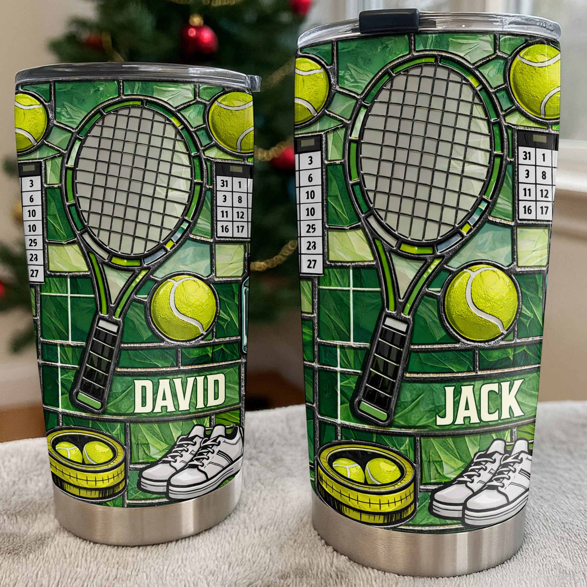 Serving Up Greatness With Tennis Racket And Balls Stained Glass Art