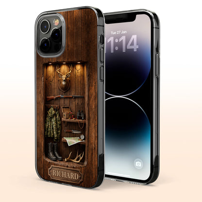 Hunter Sanctuary With Deer Head And Rifle Wood Cabin Style