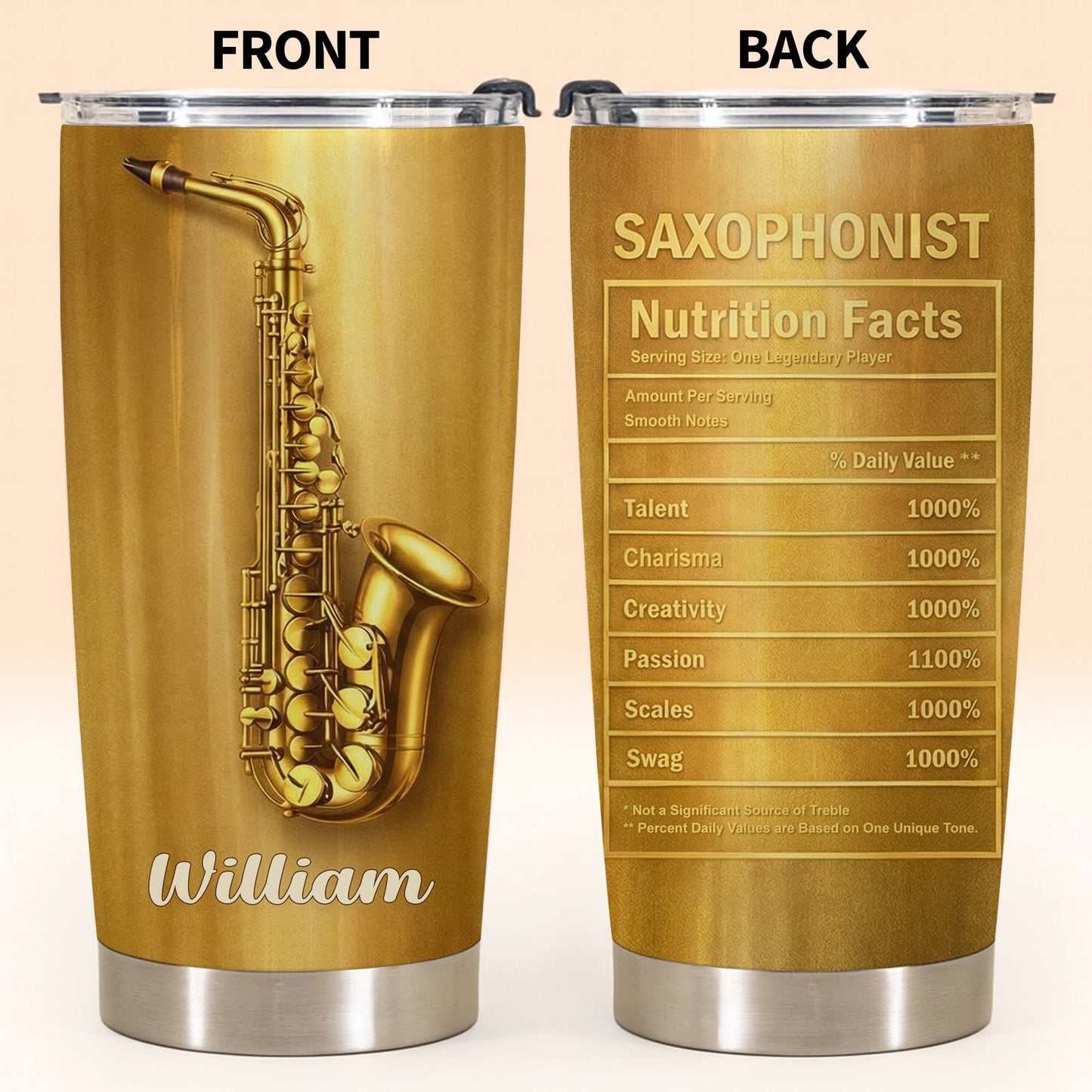 Saxophonist Nutrition Facts With Golden Saxophone - Personalized Custom Stainless Steel Tumbler 20oz 30oz - HOB104_TB