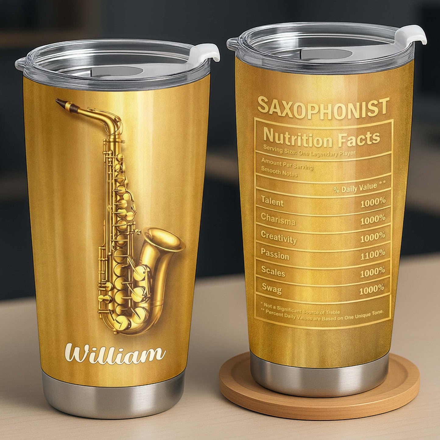 Saxophonist Nutrition Facts With Golden Saxophone - Personalized Custom Stainless Steel Tumbler 20oz 30oz - HOB104_TB