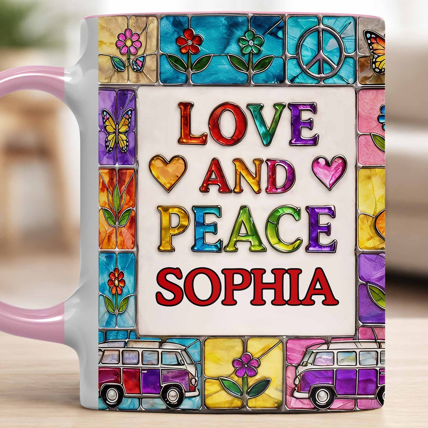 Love And Peace With Flowers Butterflies And Vintage Van Design