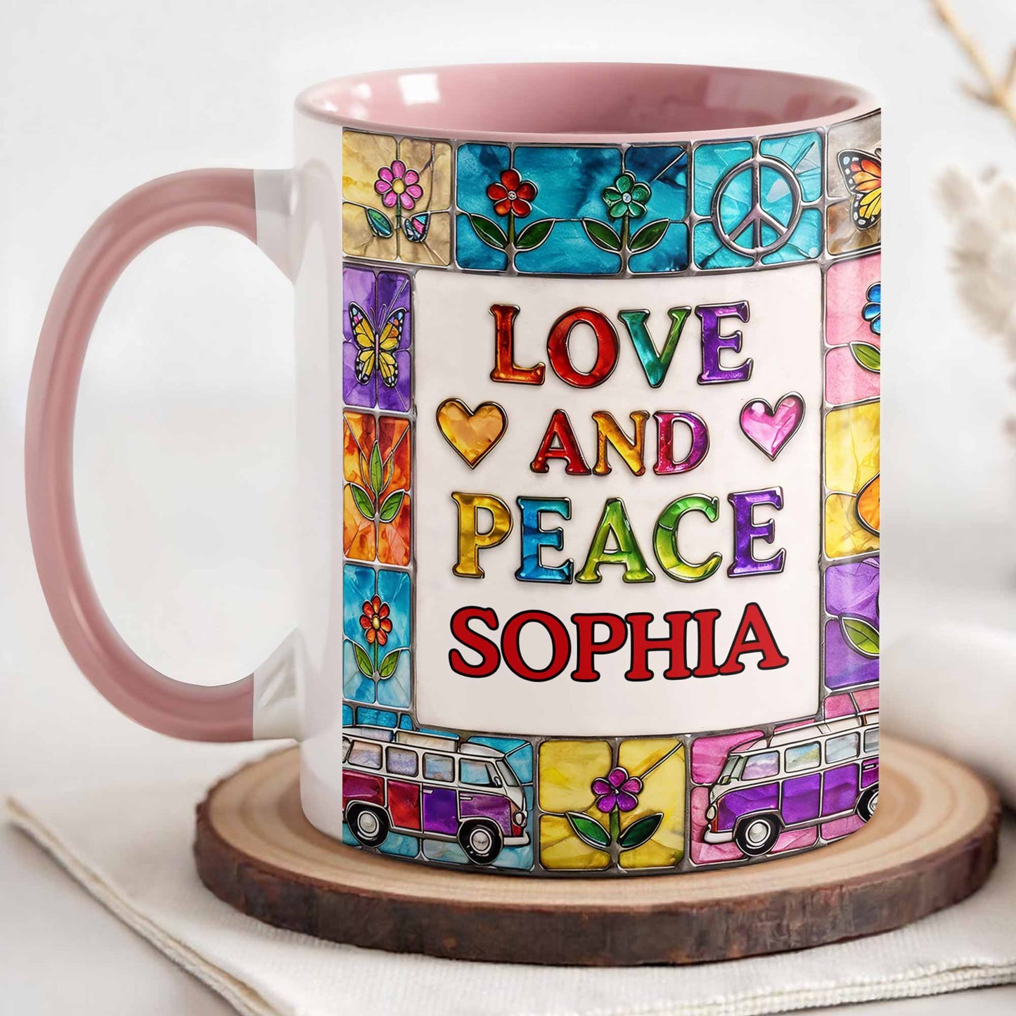 Love And Peace With Flowers Butterflies And Vintage Van Design