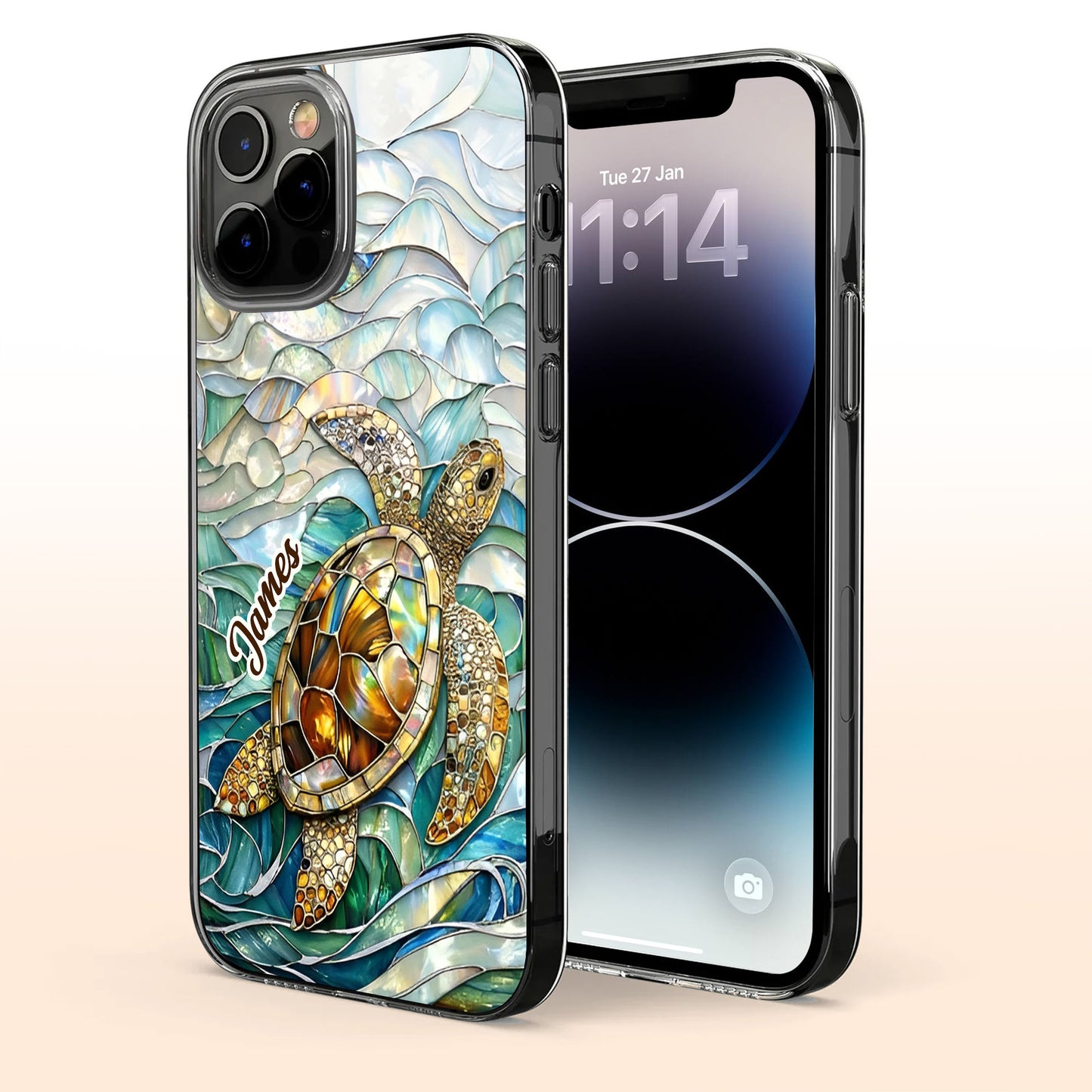 A Sea Turtle Swimming In Stained Glass Ocean Waves Design