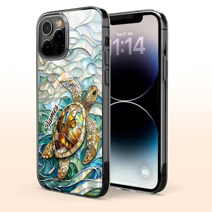 A Sea Turtle Swimming In Stained Glass Ocean Waves Design