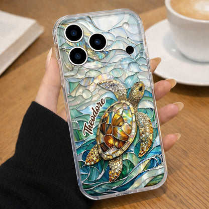 A Sea Turtle Swimming In Stained Glass Ocean Waves Design