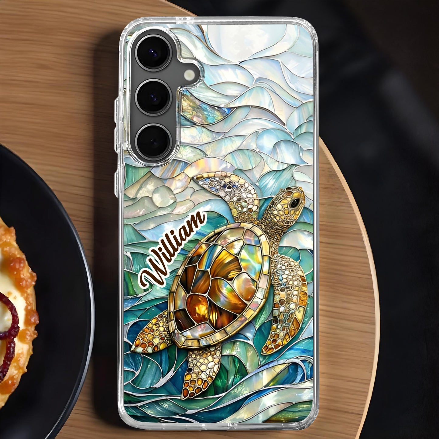 A Sea Turtle Swimming In Stained Glass Ocean Waves Design