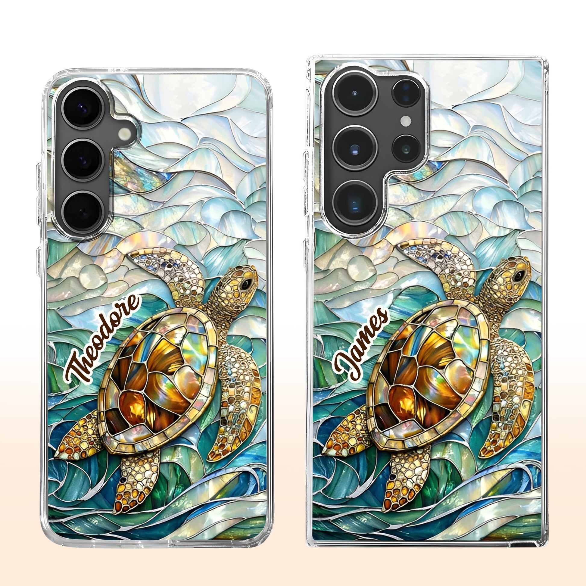 A Sea Turtle Swimming In Stained Glass Ocean Waves Design