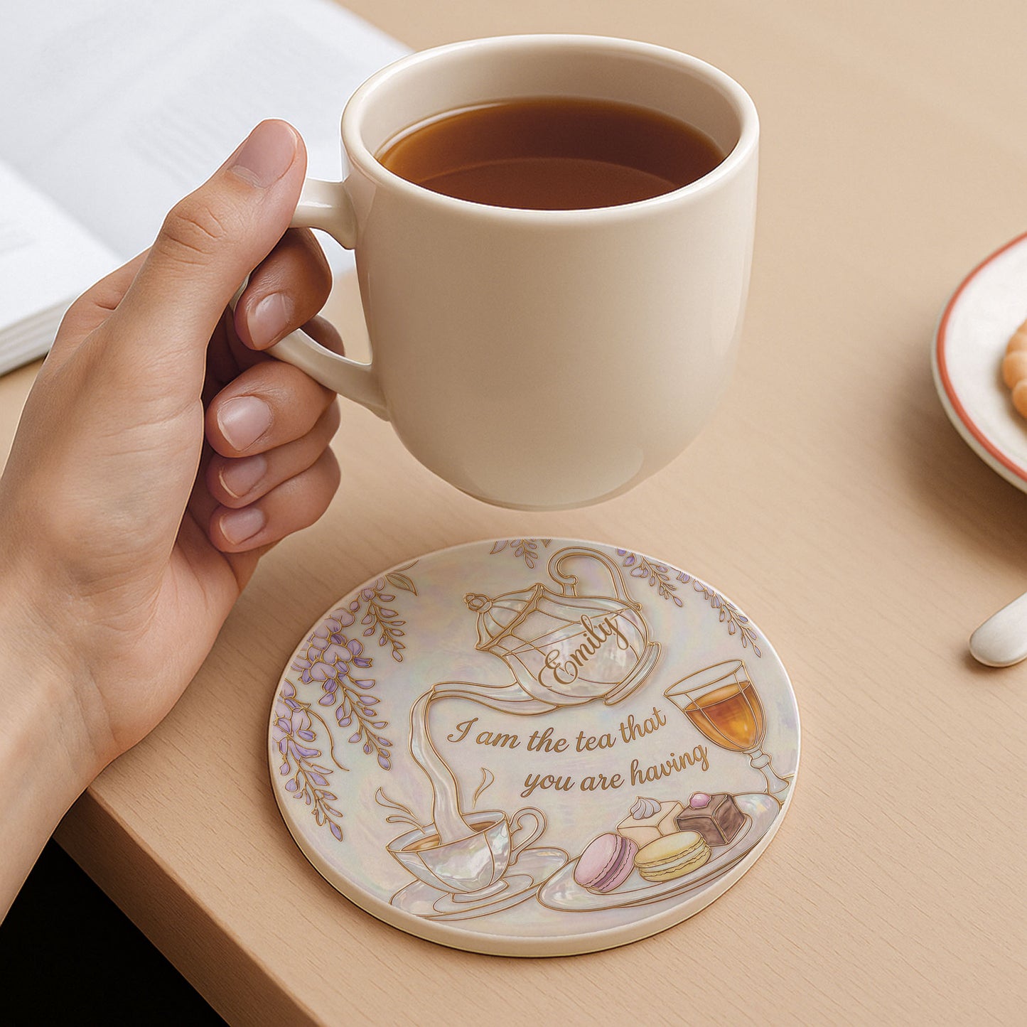 I Am The Tea That You Are Having Teapot And Macarons - Personalized Custom Ceramic Coaster - HOB169_ROCO