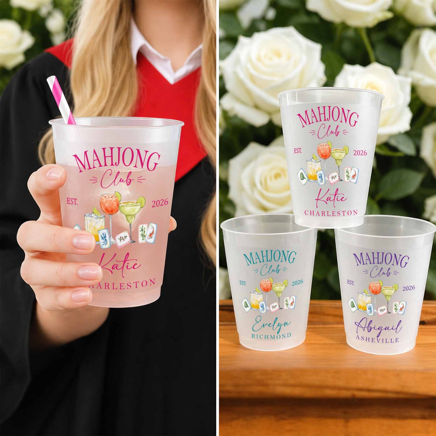 Mahjong Club With Cocktails And Game Tiles Design - Personalized Frosted Cups - HOB264_FCUP