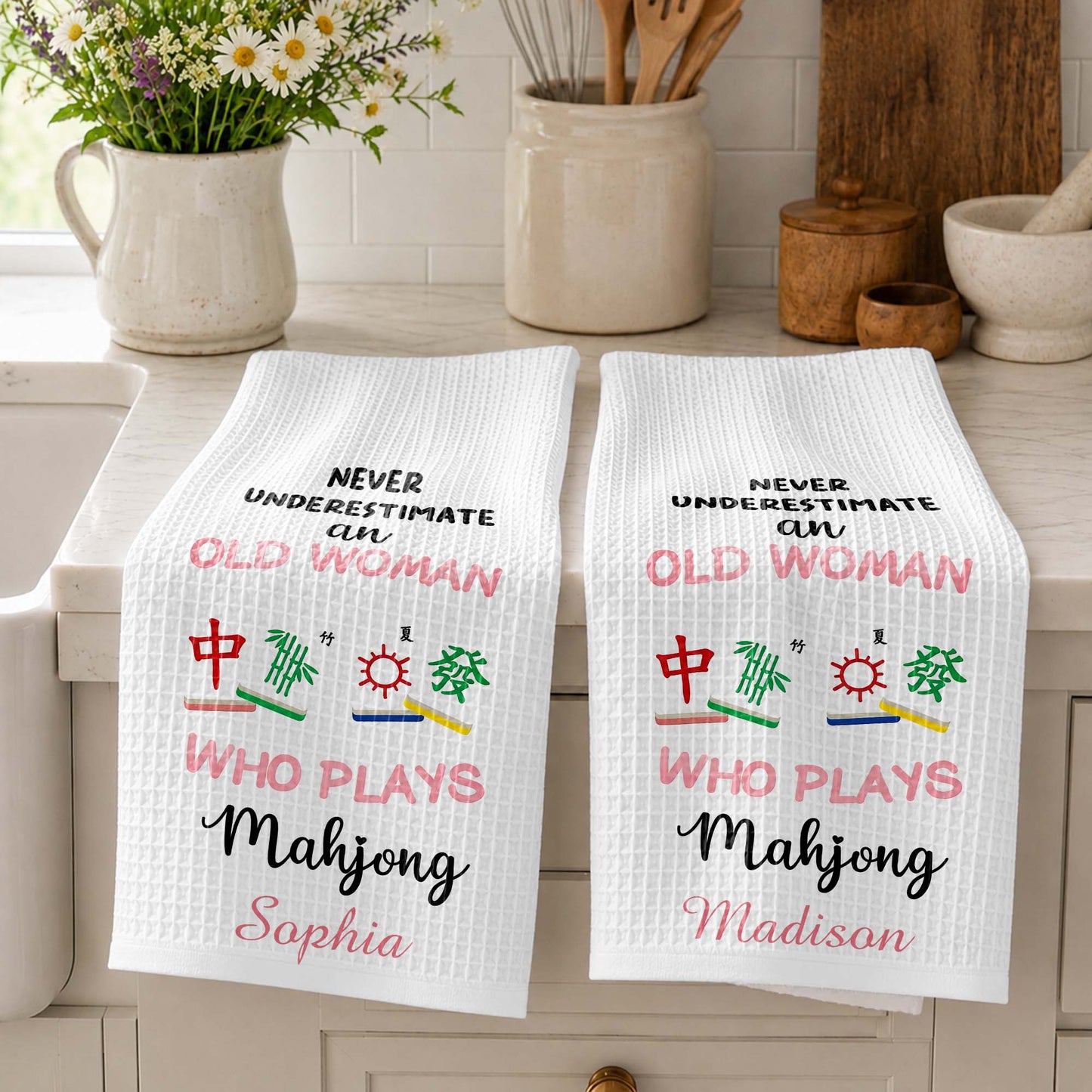 Never Underestimate An Old Woman Who Plays Mahjong With Game Tiles - Personalized Kitchen Towel - HOB317_TOWL