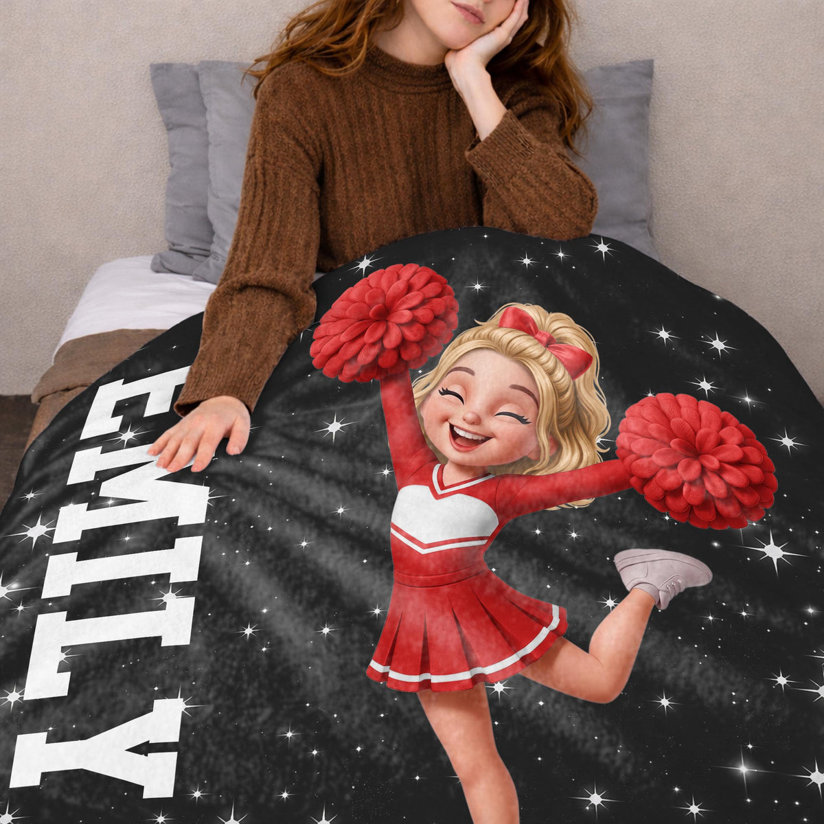 Pink Panthers Custom Cheerleader Art With Pom Poms - Personalized Custom Blanket - HOB405_BLK