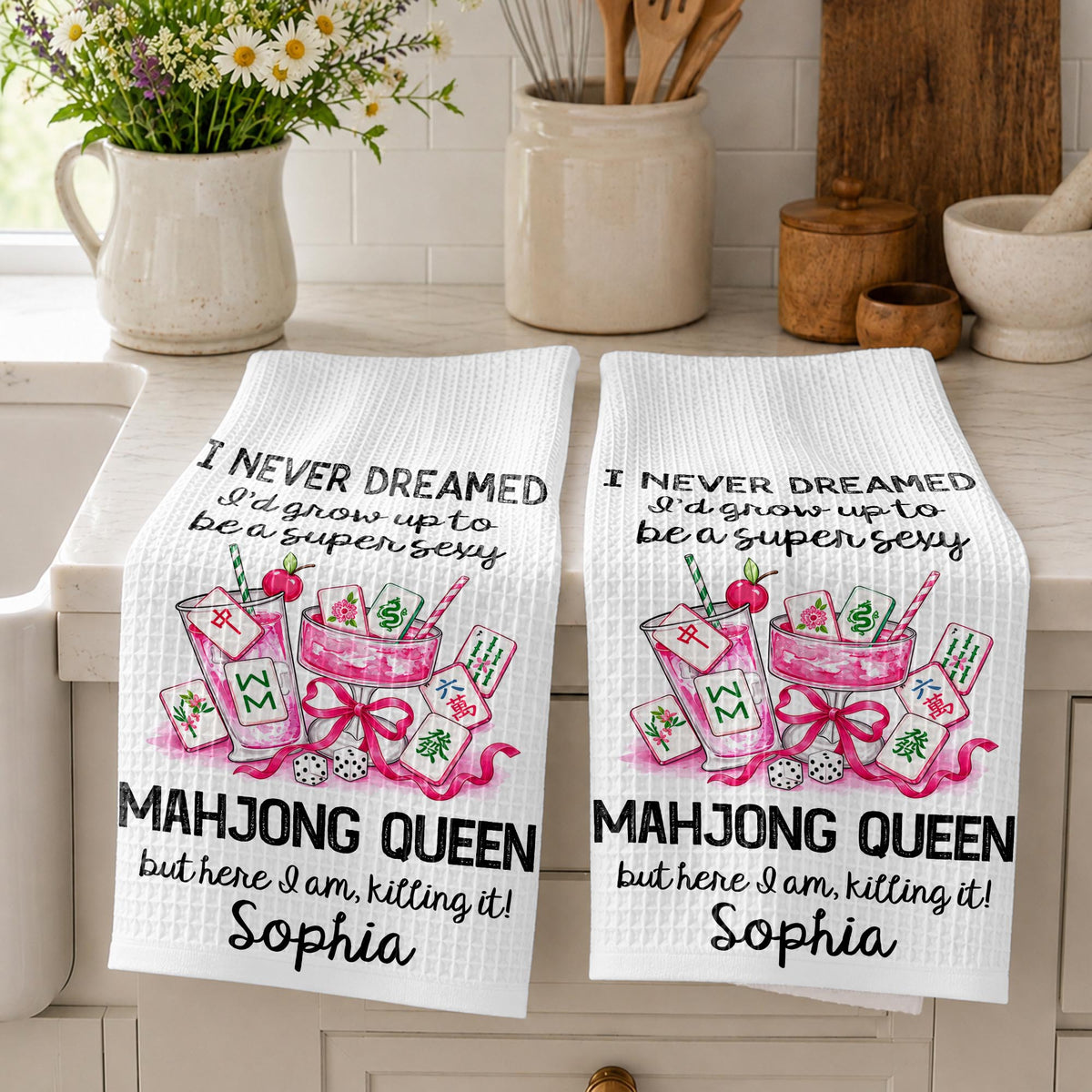 I Never Dreamed Mahjong Queen Pink Cocktails And Tiles - Personalized Kitchen Towel - HOB543_TOWL
