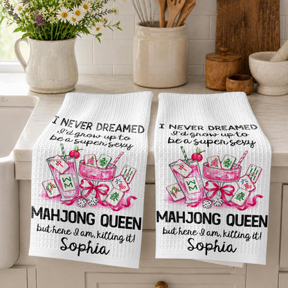 I Never Dreamed Mahjong Queen Pink Cocktails And Tiles - Personalized Kitchen Towel - HOB543_TOWL