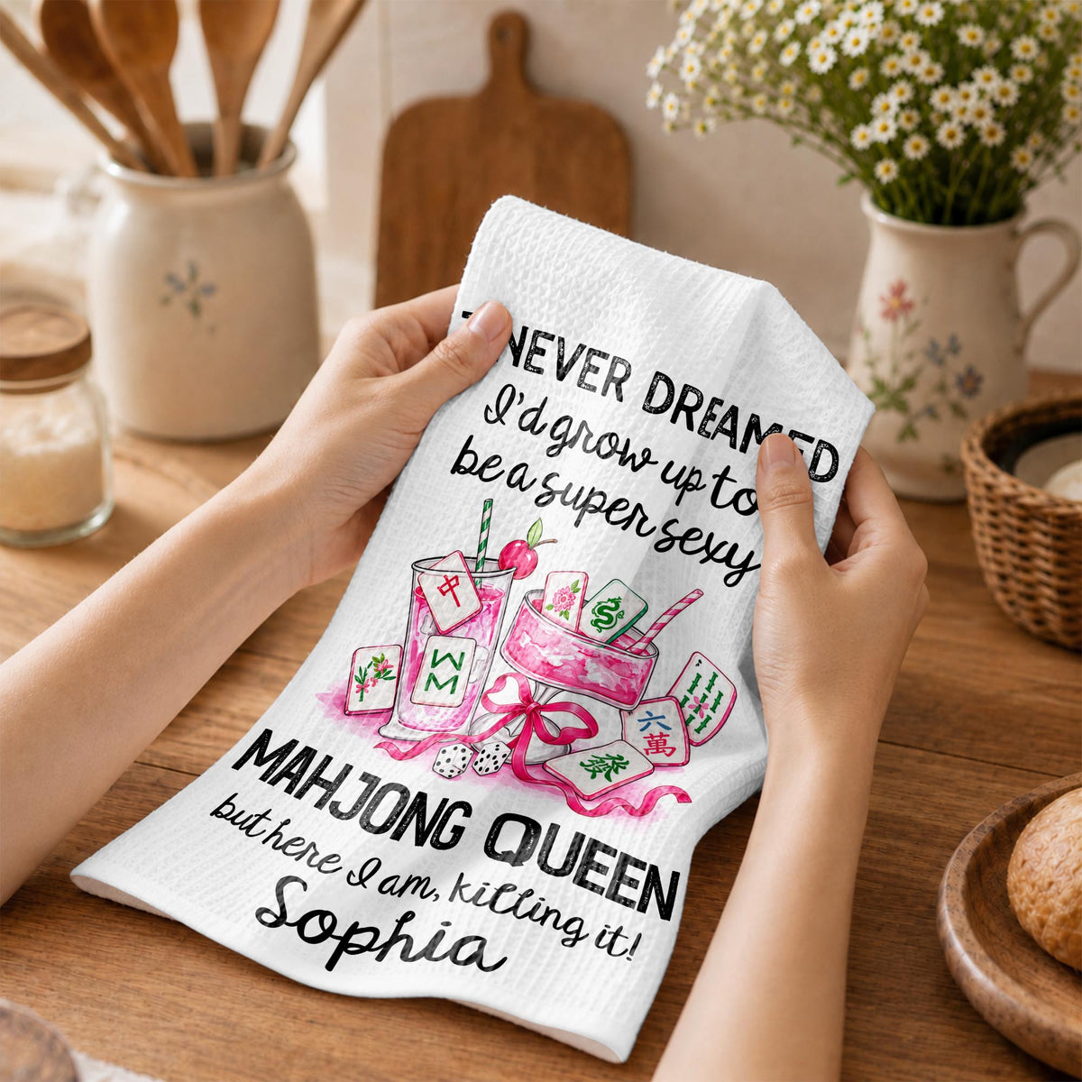 I Never Dreamed Mahjong Queen Pink Cocktails And Tiles - Personalized Kitchen Towel - HOB543_TOWL
