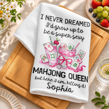 I Never Dreamed Mahjong Queen Pink Cocktails And Tiles - Personalized Kitchen Towel - HOB543_TOWL