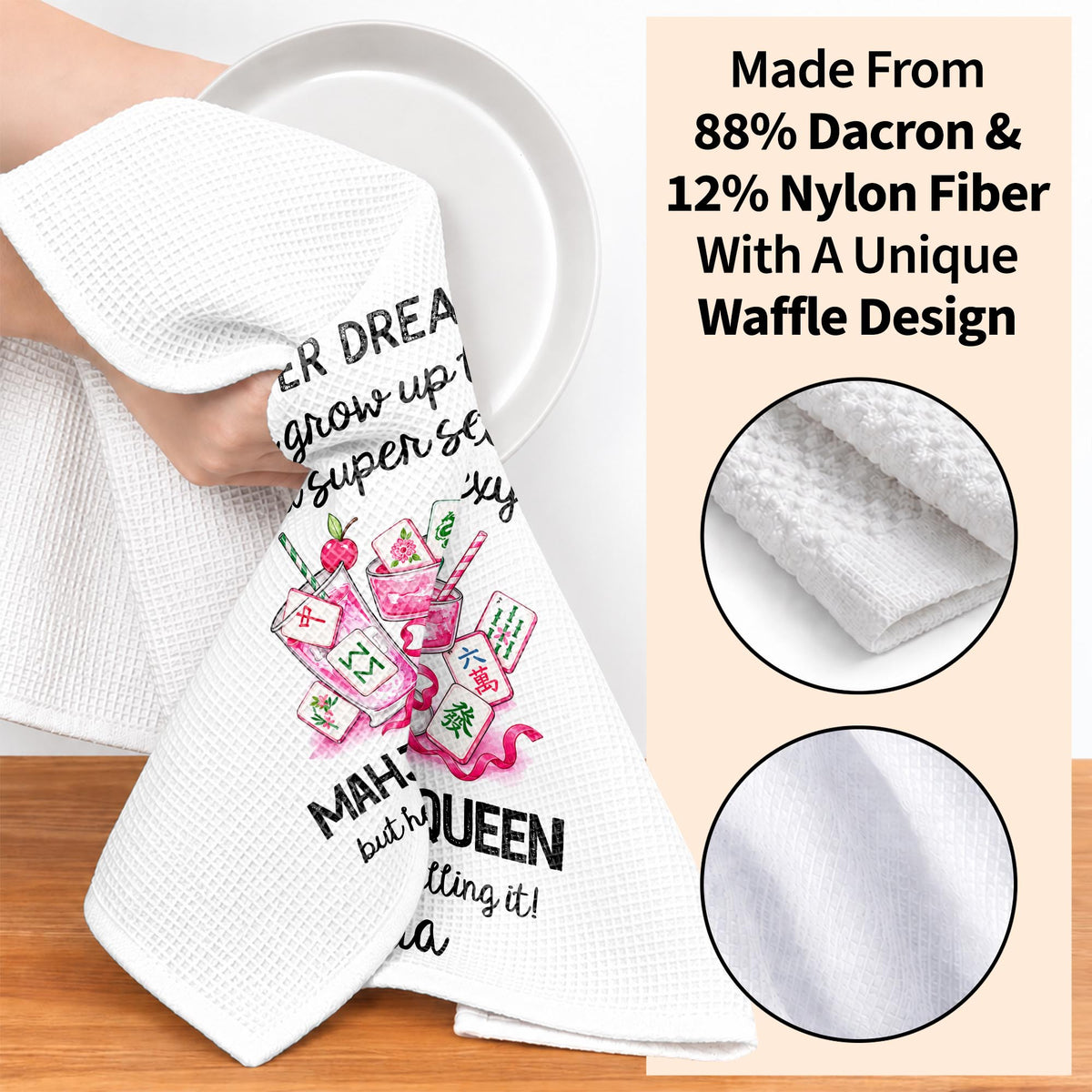 I Never Dreamed Mahjong Queen Pink Cocktails And Tiles - Personalized Kitchen Towel - HOB543_TOWL