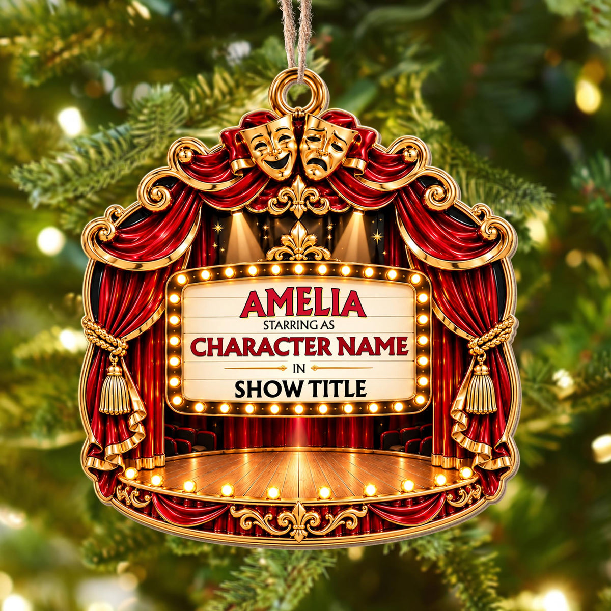 Starring As In Theatre Stage With Red Curtains And Drama Masks - Personalized Custom Wood Ornament, Custom Shaped - HOB551_WDO