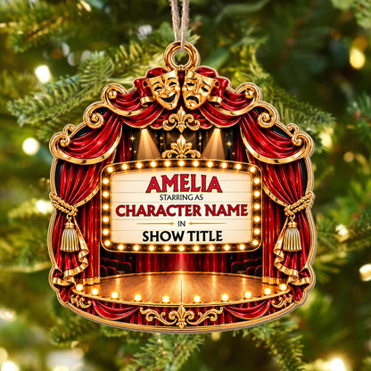 Starring As In Theatre Stage With Red Curtains And Drama Masks - Personalized Custom Wood Ornament, Custom Shaped - HOB551_WDO