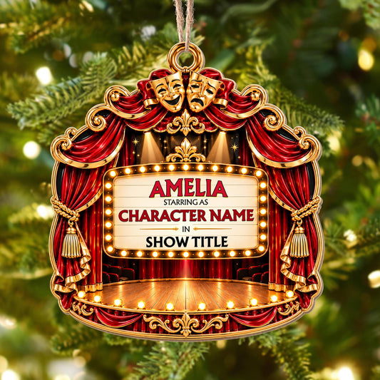 Starring As In Theatre Stage With Red Curtains And Drama Masks - Personalized Custom Wood Ornament, Custom Shaped - HOB551_WDO