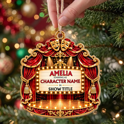 Starring As In Theatre Stage With Red Curtains And Drama Masks - Personalized Custom Wood Ornament, Custom Shaped - HOB551_WDO