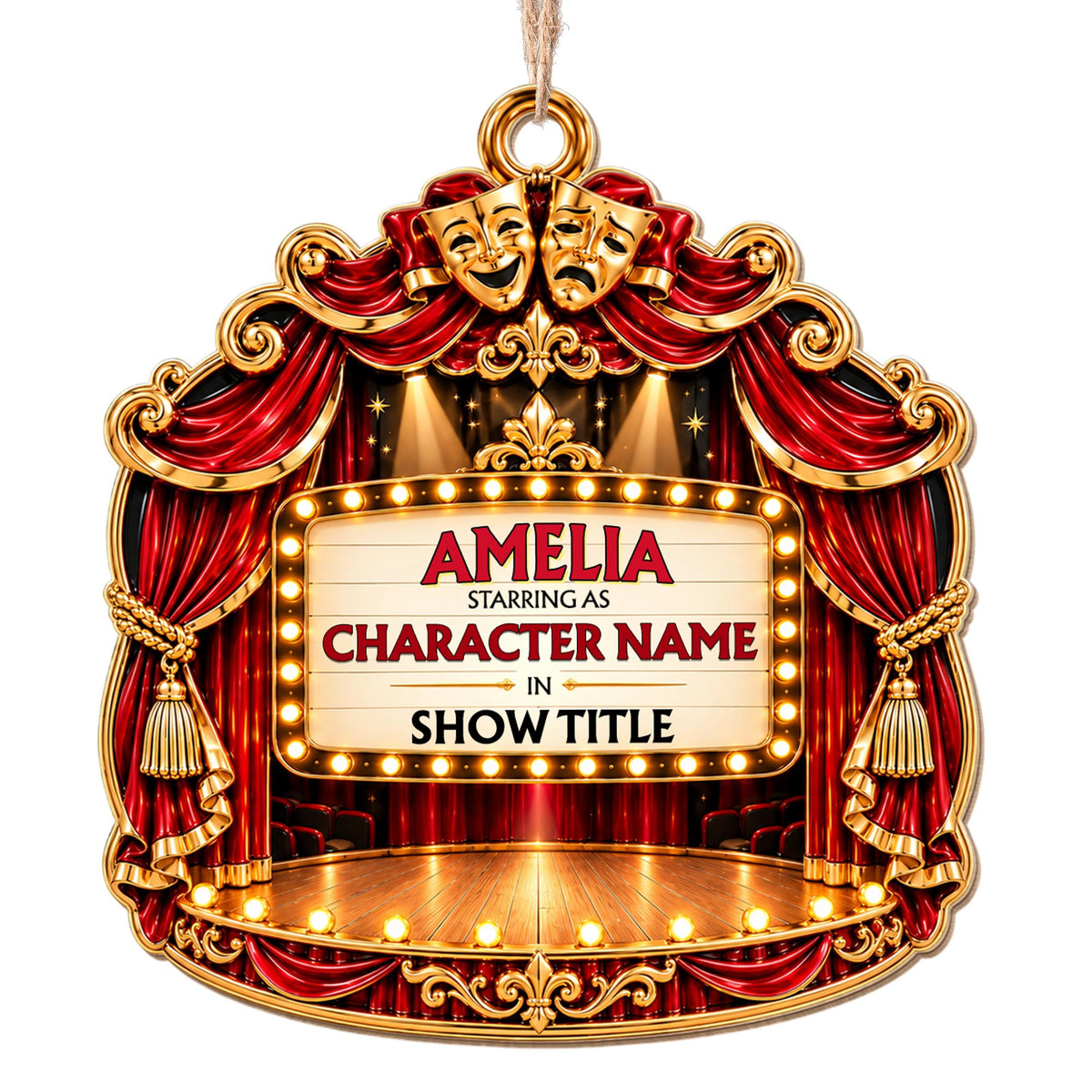 Starring As In Theatre Stage With Red Curtains And Drama Masks - Personalized Custom Wood Ornament, Custom Shaped - HOB551_WDO