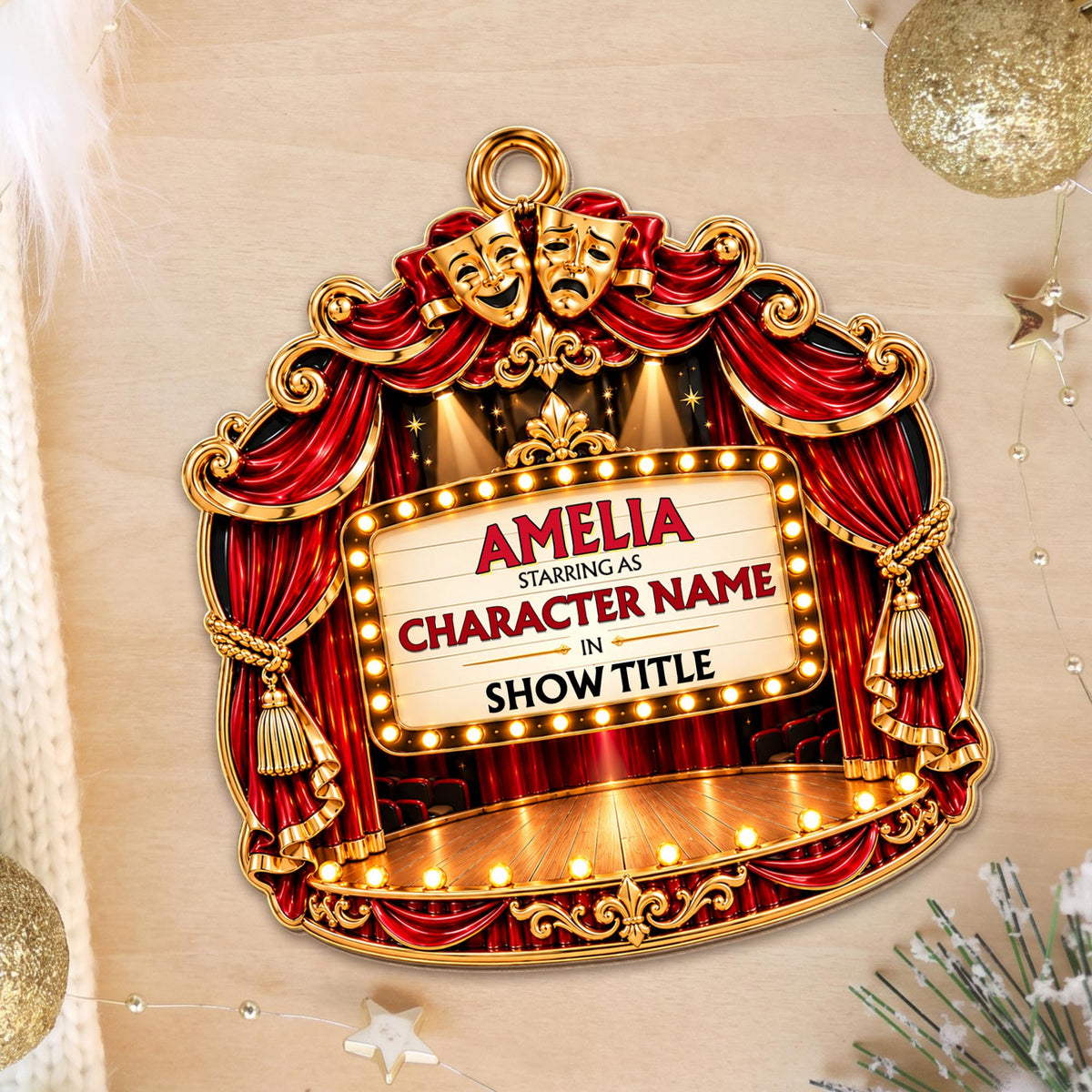 Starring As In Theatre Stage With Red Curtains And Drama Masks - Personalized Custom Wood Ornament, Custom Shaped - HOB551_WDO