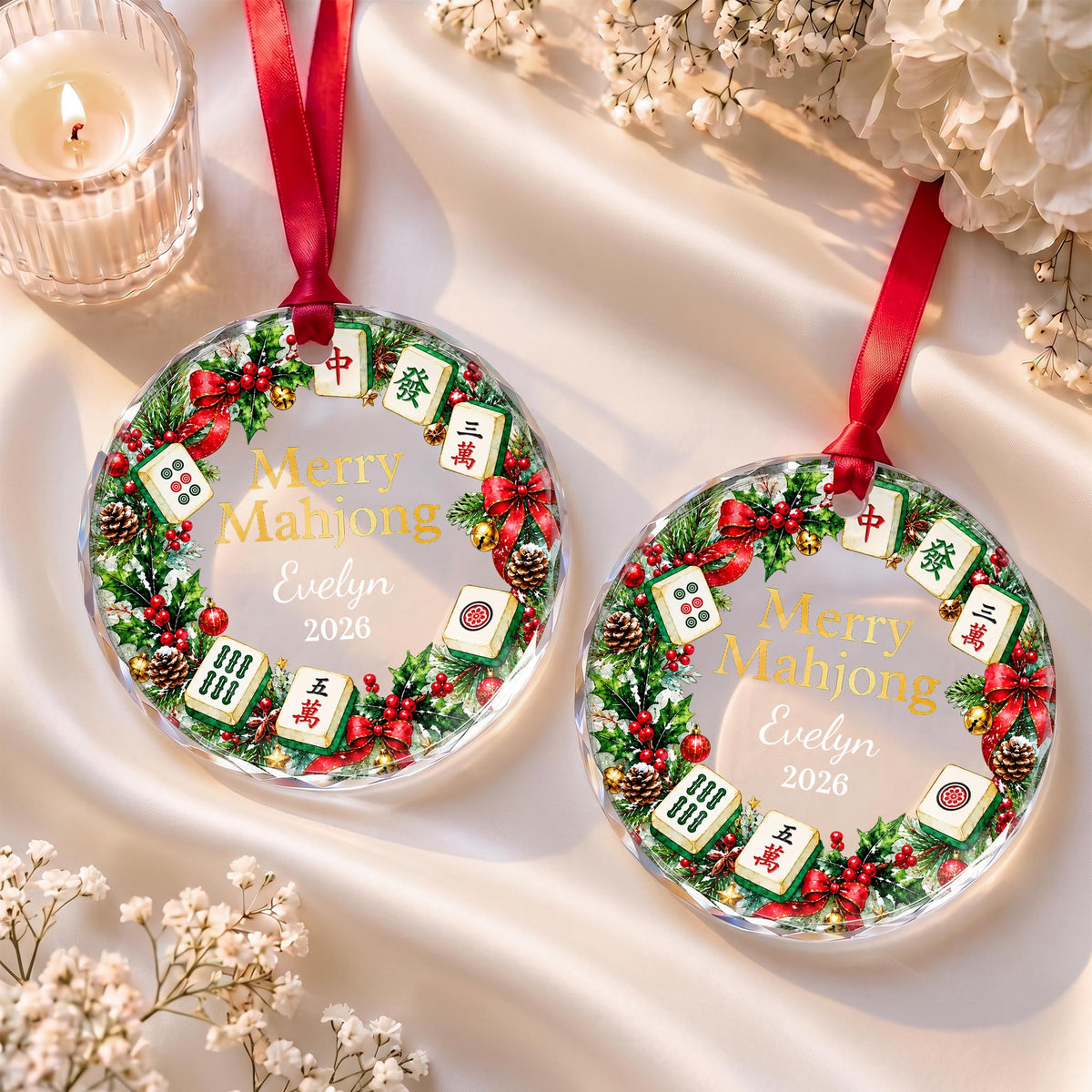 Merry Mahjong With Festive Christmas Wreath And Tiles - Personalized Custom Circle Glass Ornament - HOB627_CGOR