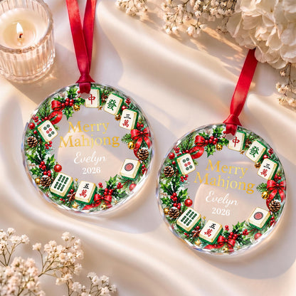 Merry Mahjong With Festive Christmas Wreath And Tiles - Personalized Custom Circle Glass Ornament - HOB627_CGOR