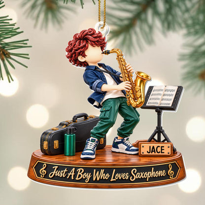 Just A Boy Who Loves Saxophone, Saxophonist Boy With Instrument - Personalized Custom Acrylic Ornament, Christmas Gift - HOB635_ACO