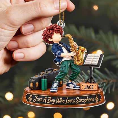 Just A Boy Who Loves Saxophone, Saxophonist Boy With Instrument - Personalized Custom Acrylic Ornament, Christmas Gift - HOB635_ACO