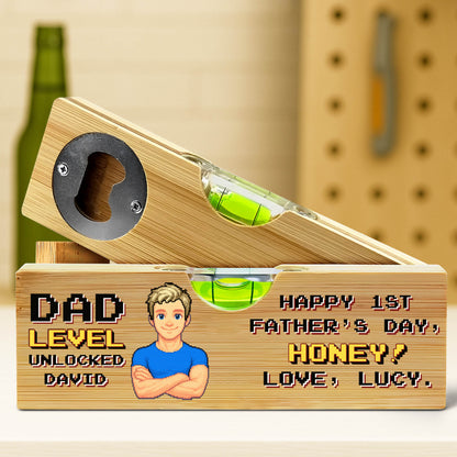 Dad Level Unlocked, Happy 1st Father Day, Spirit Level With Bottle Opener - Personalized Wooden Spirit Level With Bottle Opener - HSB001_PLEV