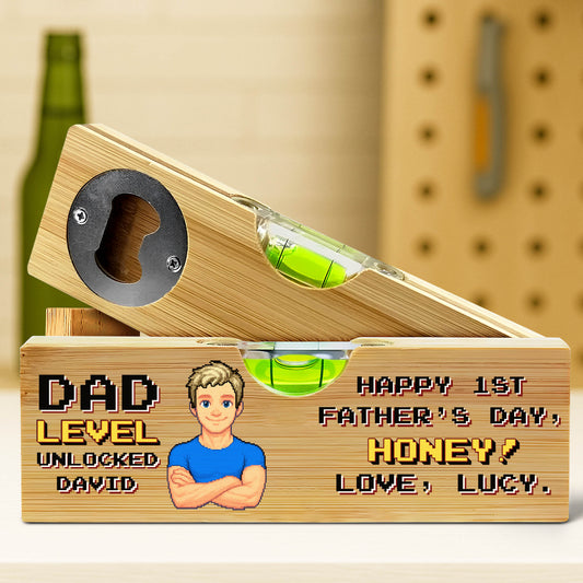Dad Level Unlocked, Happy 1st Father Day, Spirit Level With Bottle Opener - Personalized Wooden Spirit Level With Bottle Opener - HSB001_PLEV
