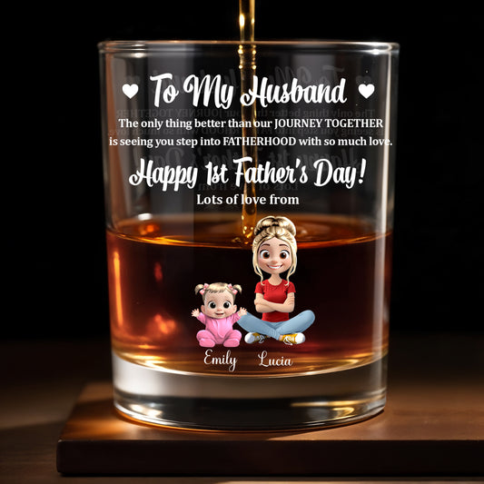 To My Husband, Happy 1st Father's Day, Cartoon Characters And Heart - Personalized Custom Whiskey Glass - HSB028_RWG