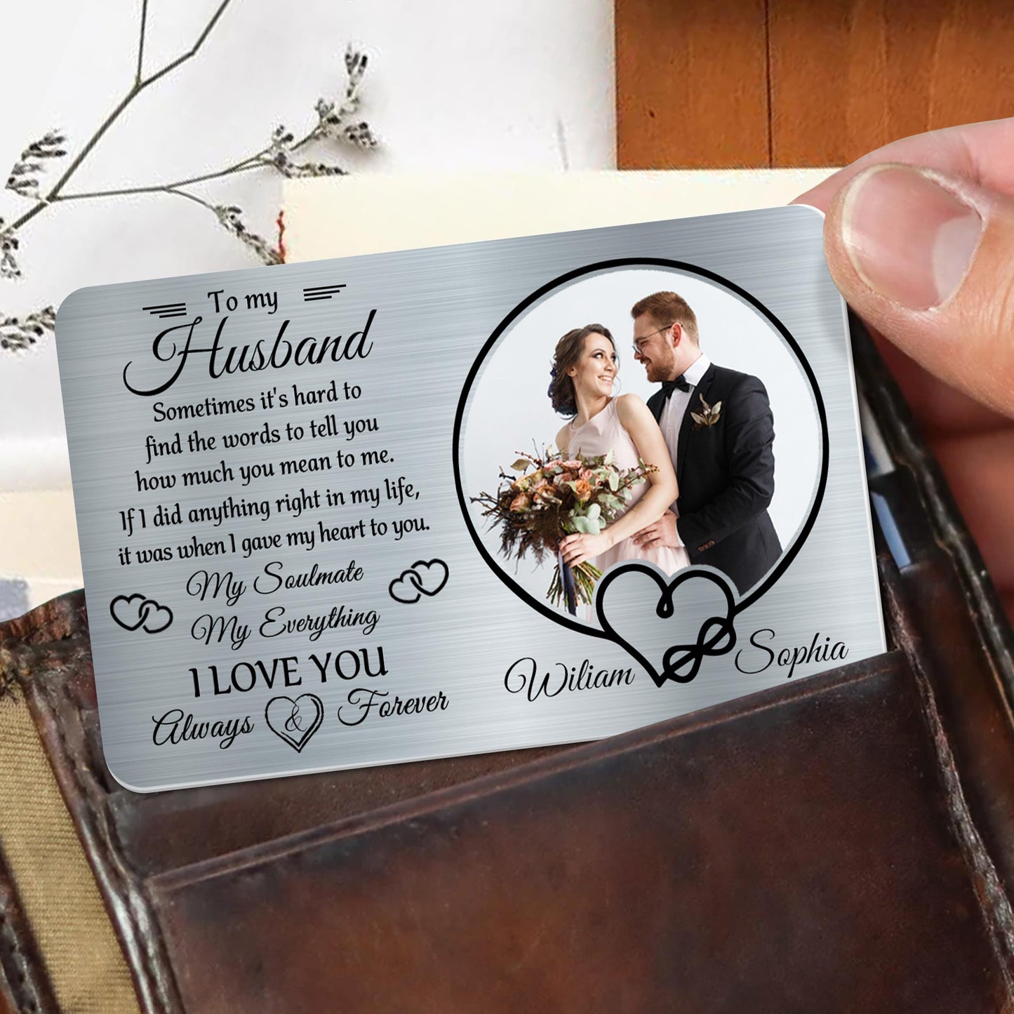 À mon mari, parfois il est difficile de trouver des mots, des cœurs et une photo de mariage - Carte portefeuille en aluminium personnalisée - HSB029_ALCA