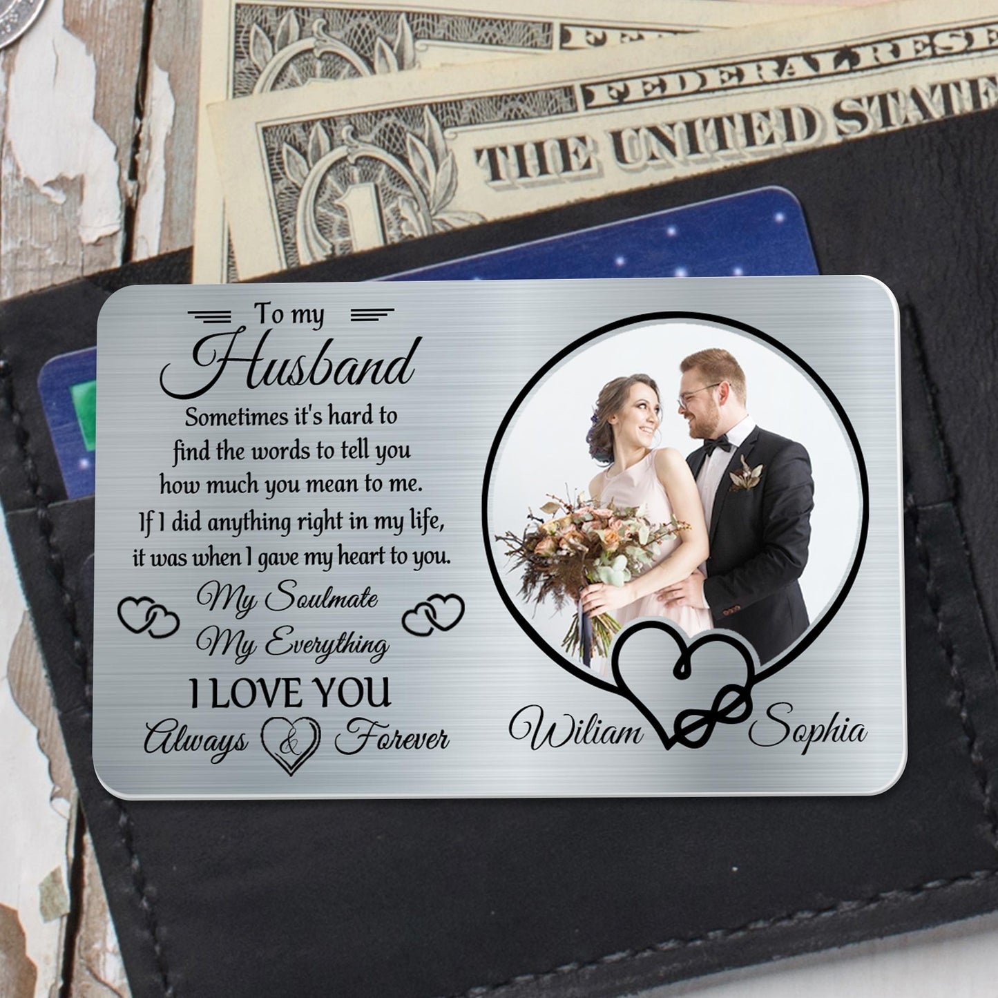 À mon mari, parfois il est difficile de trouver des mots, des cœurs et une photo de mariage - Carte portefeuille en aluminium personnalisée - HSB029_ALCA