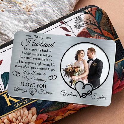 À mon mari, parfois il est difficile de trouver des mots, des cœurs et une photo de mariage - Carte portefeuille en aluminium personnalisée - HSB029_ALCA