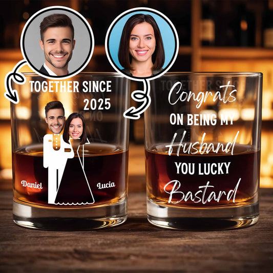 Together Since, Featuring Couple Silhouettes - Personalized Custom Whiskey Glass - HSB044_RWG