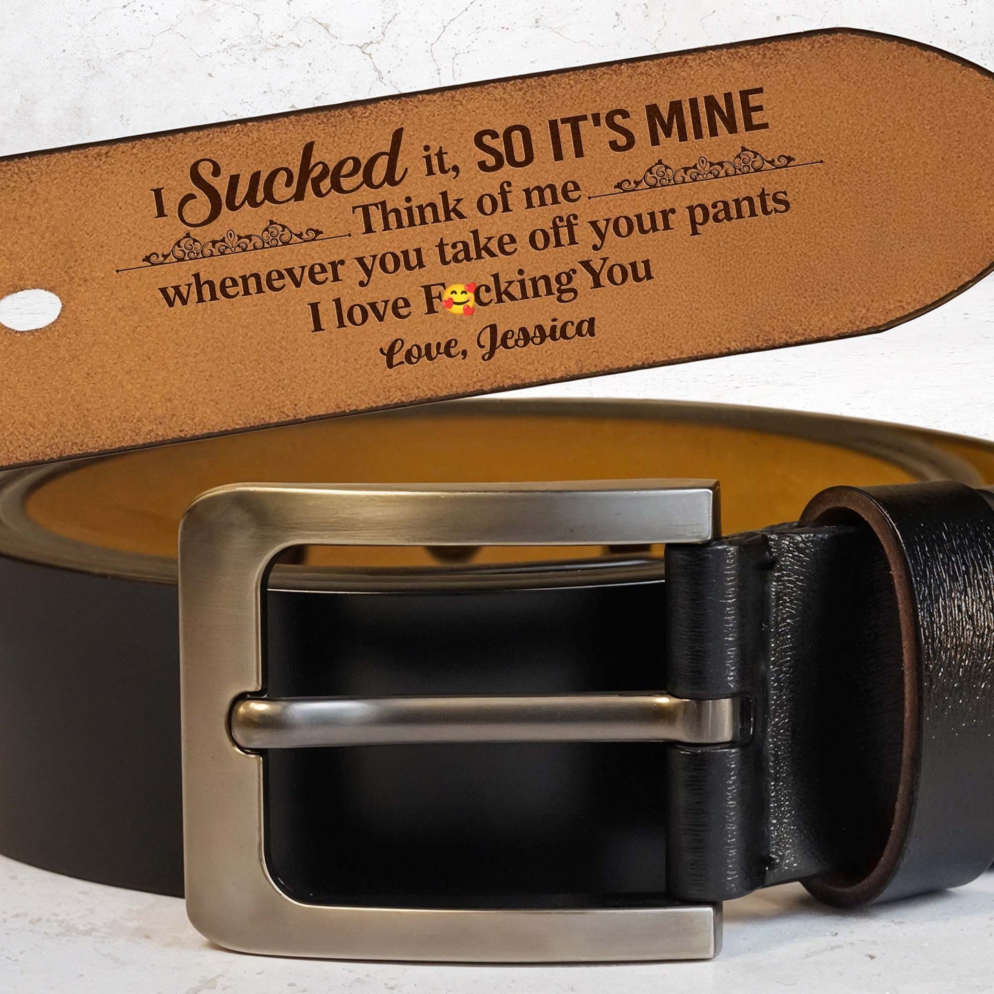Think Of Me Whenever You Take Off Your Pants - Personalized Engraved Leather Belt - HSB076_EBE