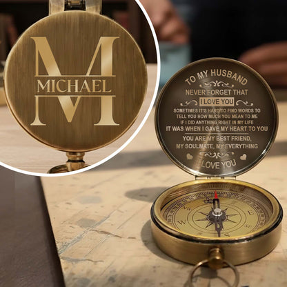 To My Husband Never Forget I Love You Heart And Swirl Engraving - Personalized Engraved Brass Compass - HSB087_ECPASS