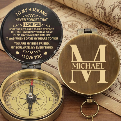 To My Husband Never Forget I Love You Heart And Swirl Engraving - Personalized Engraved Brass Compass - HSB087_ECPASS