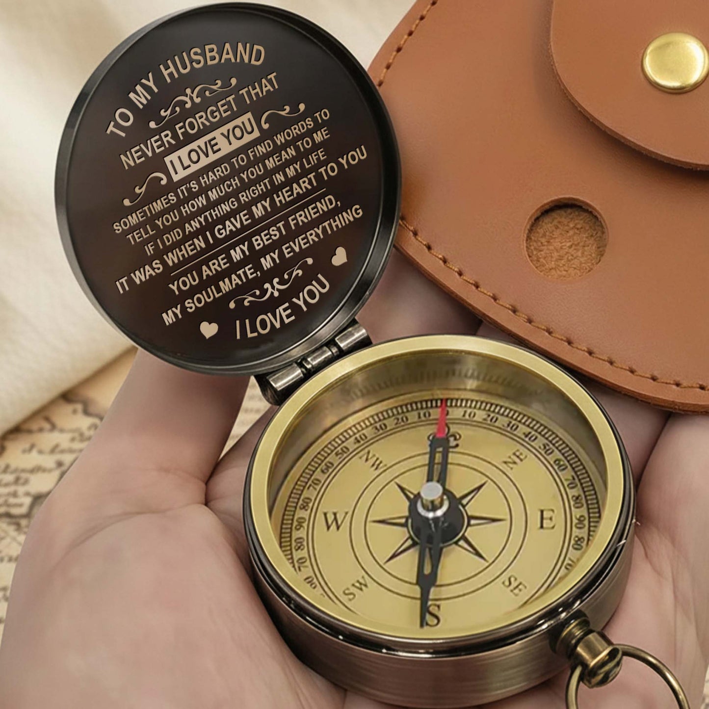 To My Husband Never Forget I Love You Heart And Swirl Engraving - Personalized Engraved Brass Compass - HSB087_ECPASS