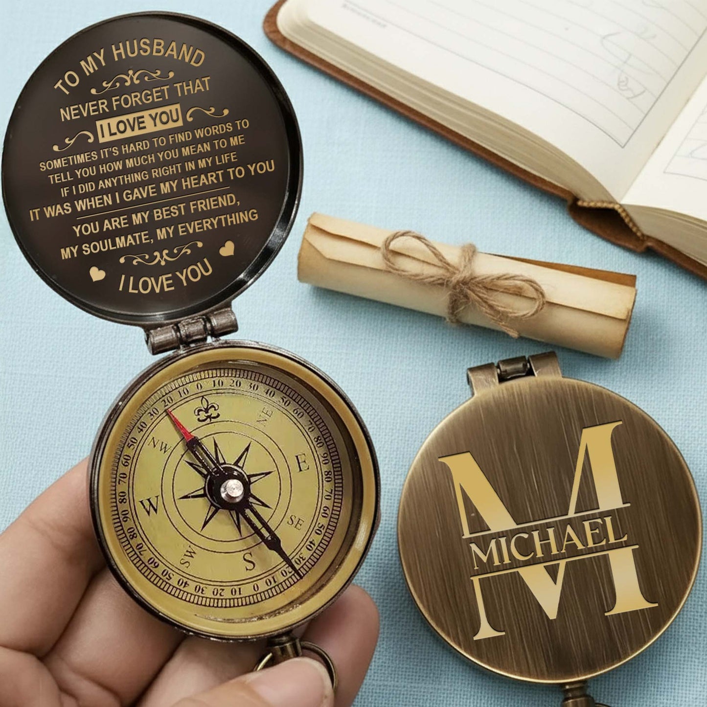 To My Husband Never Forget I Love You Heart And Swirl Engraving - Personalized Engraved Brass Compass - HSB087_ECPASS