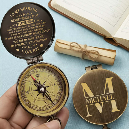 To My Husband Never Forget I Love You Heart And Swirl Engraving - Personalized Engraved Brass Compass - HSB087_ECPASS