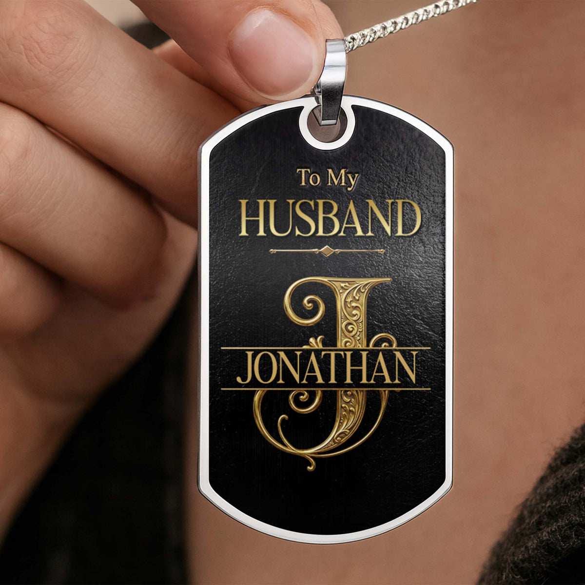 To My Husband Gold Scroll Initial Name - Personalized Custom Dog Tag Necklace - HSB124_DTNECK