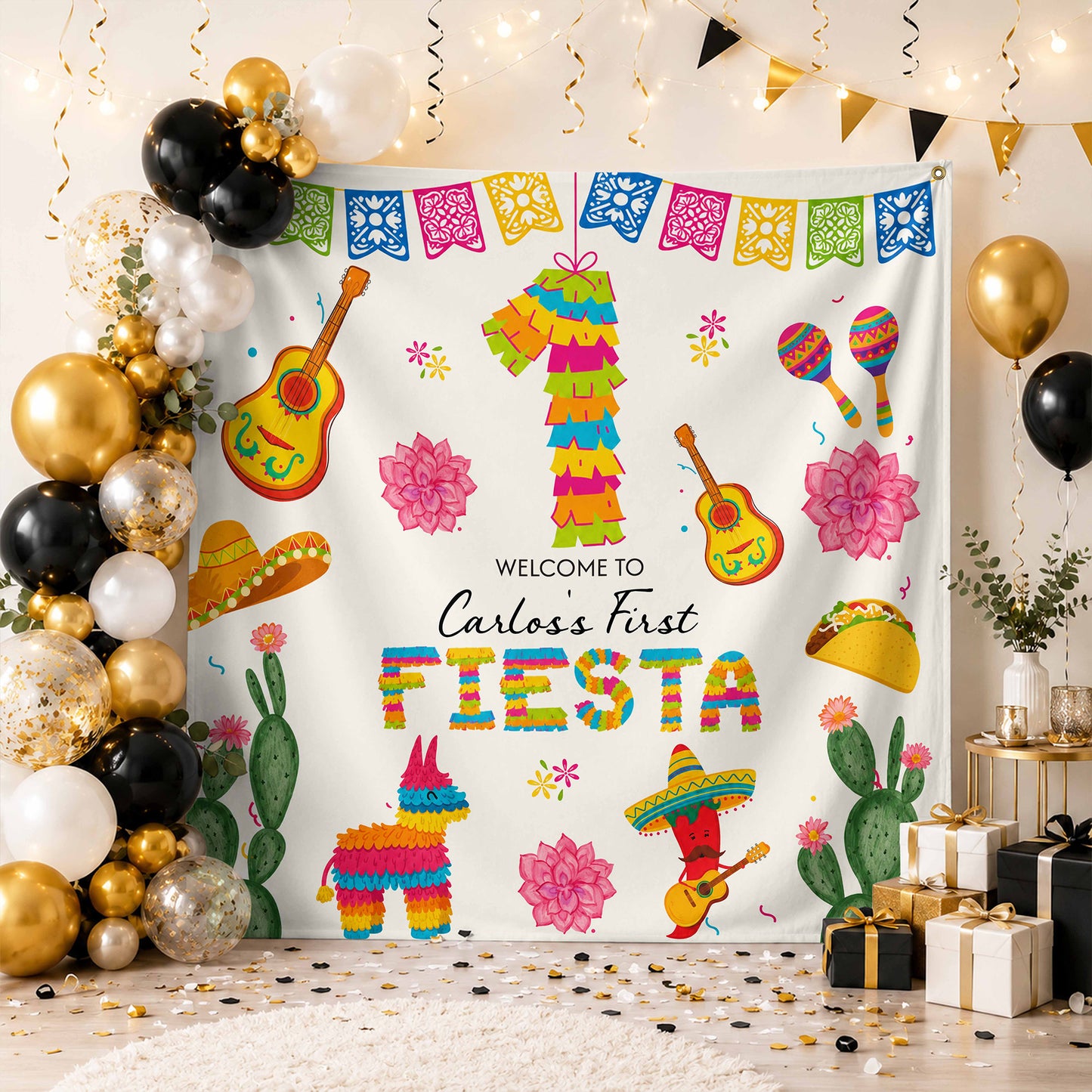 Welcome To Our First Fiesta Piñata Sombrero And Guitar - Personalized Backdrop - HSP073_BADRO