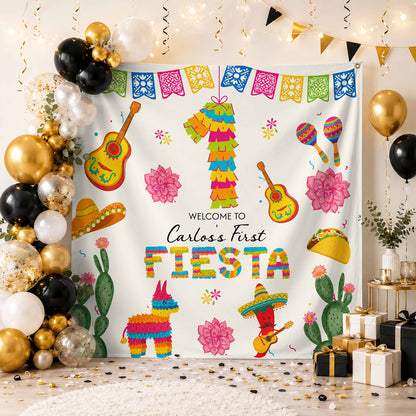 Welcome To Our First Fiesta Piñata Sombrero And Guitar - Personalized Backdrop - HSP073_BADRO