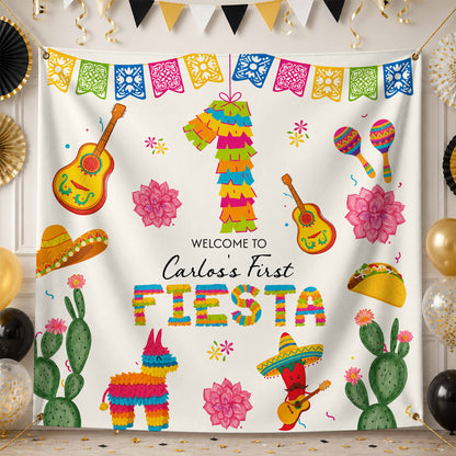 Welcome To Our First Fiesta Piñata Sombrero And Guitar - Personalized Backdrop - HSP073_BADRO